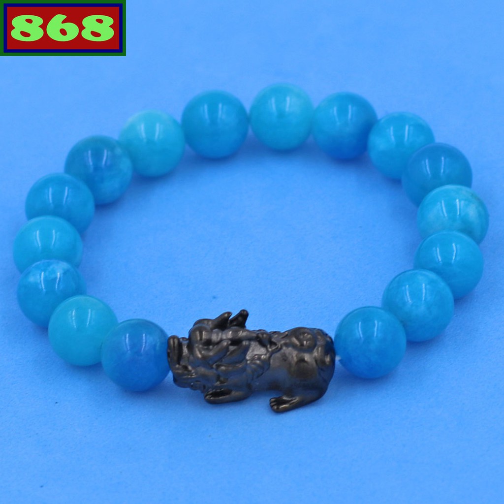 Vòng chuỗi đeo tay đá xanh biển charm tỳ hưu, từ hạt 8 ly đến 12 ly
