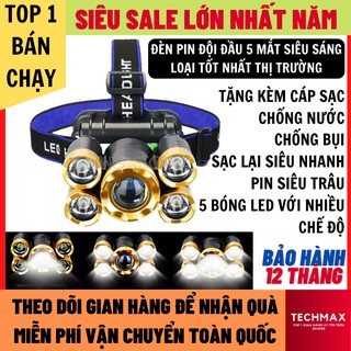 Đèn pin siêu sáng đội đầu 5 mắt chống nước bảo hành 12 tháng loại mới bóng to