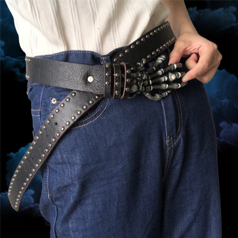 Shibuya Thắt Lưng Da Đính Đinh Tán Hình Đầu Lâu Kim Loại Màu Xanh Dương Phong Cách Punk Hip Hop