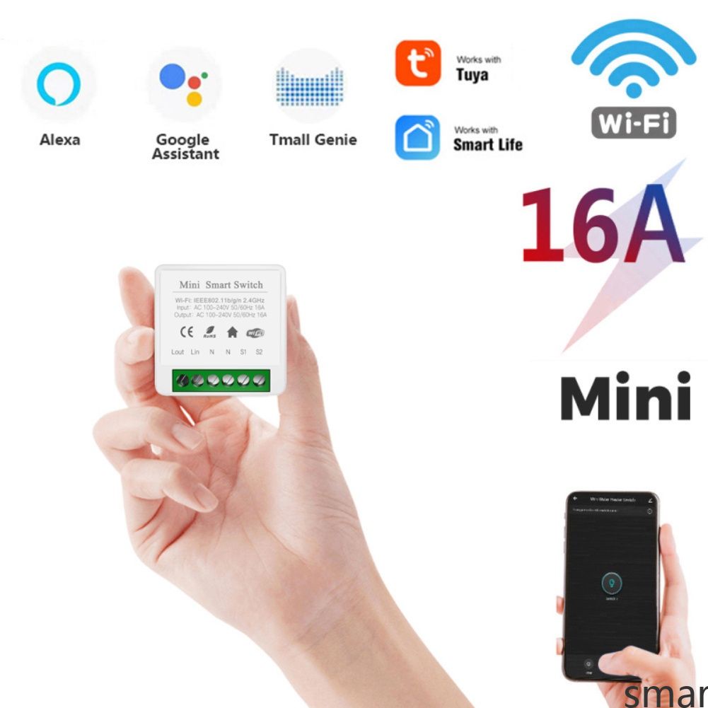 Công tắc thông minh mini 16A điều khiển không dây 2 chiều dành cho gia đình Tuya Alexa Google
