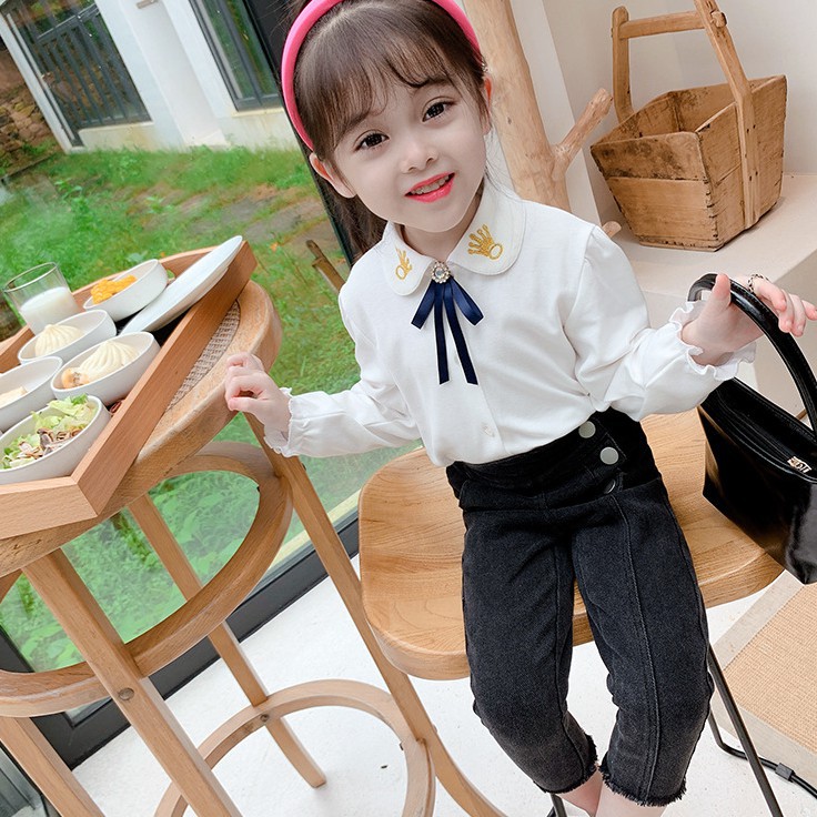 Quần legging dài eo cao vải jean màu trơn phối nút thời trang mùa thu Hàn Quốc 2020 cho bé gái
