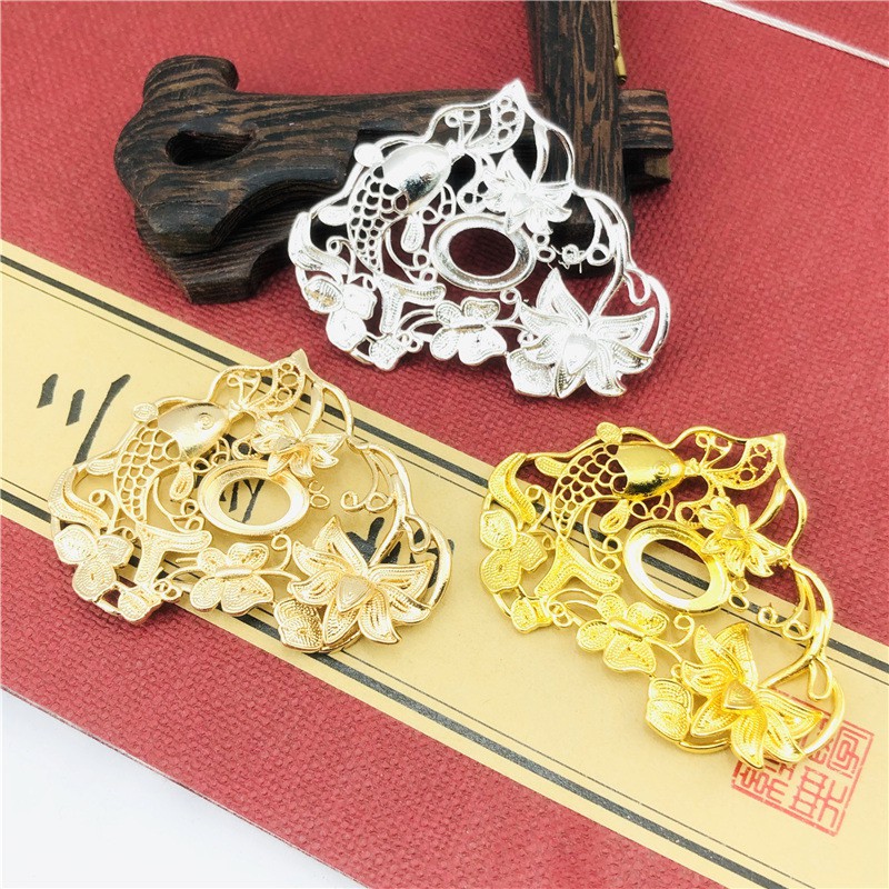 1 phiến đúc họa tiết khóa trường thọ, khóa trường mệnh cá chép hoa sen 44*56mm nguyên liệu làm trâm làm trang sức