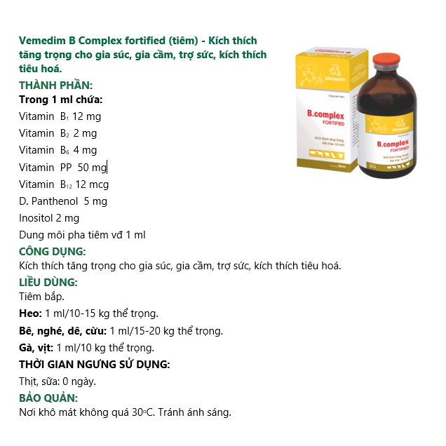 Vemedim B complex fortified dùng cho gia súc, gia cầm giúp tăng trọng, trợ sức, tiêu hóa, chai 100ml