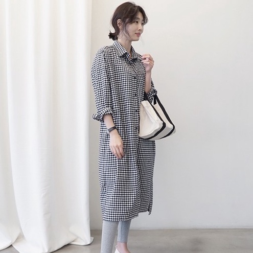 SUXI Áo Sơ Mi Tay Dài Dáng Rộng Họa Tiết Caro Phong Cách Hàn Quốc Thời Trang Cho Nữ