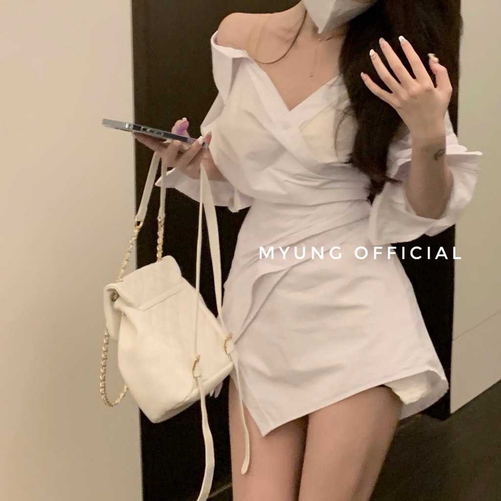MYUNG - Đầm dáng xẻ ngắn sơ mi trễ vai thắt chéo - JOIE DRESS