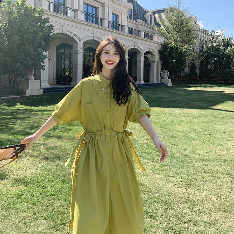 Đầm dáng chữ A tay phồng màu xanh lá nhạt phong cách Hàn Quốc dễ thương dành cho nữ