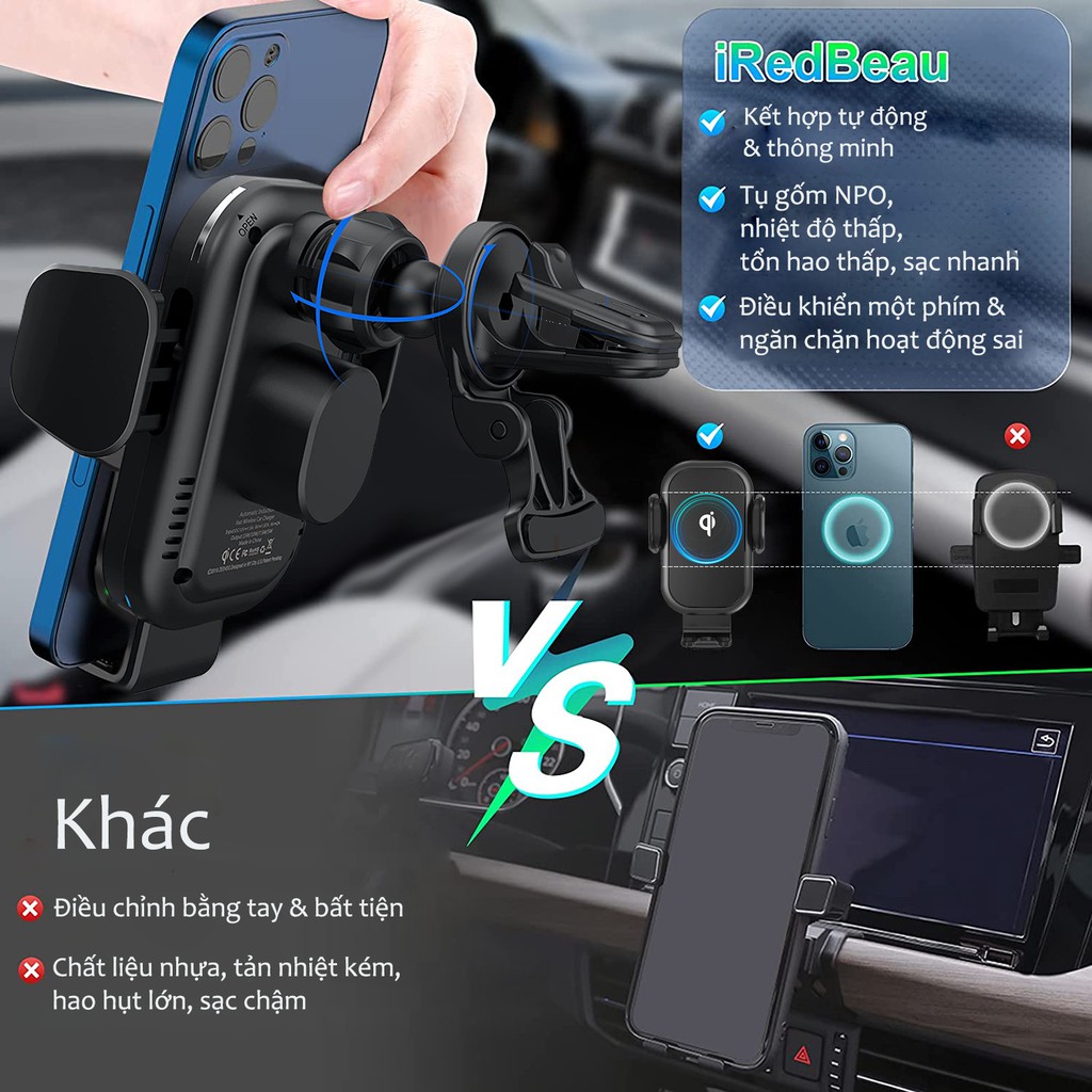 Bộ sạc ô tô không dây không dây, Sạc nhanh 15W / 10W / 7,5W Qi Giá treo tự động kẹp (Đen) | BigBuy360 - bigbuy360.vn