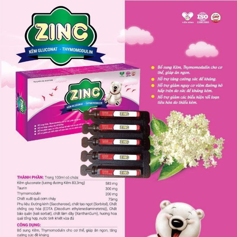 ZINC - Bổ sung Kẽm, Thymodulin, vị quả cơm cháy hỗ trợ tăng sức đề kháng, hộp 20 ống dùng cho bé từ 6 tháng