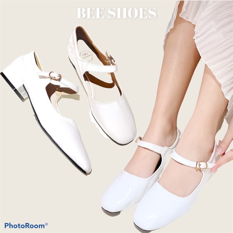 BEESHOES - GIÀY BÚP BÊ NỮ MŨI TRÒN QUAI NGANG - GIÀY BÚP BÊ NỮ ĐẾ VUÔNG CAO 2 PHÂN SẴN MÀU ĐEN - TRẮNG - HỒNG 2001120