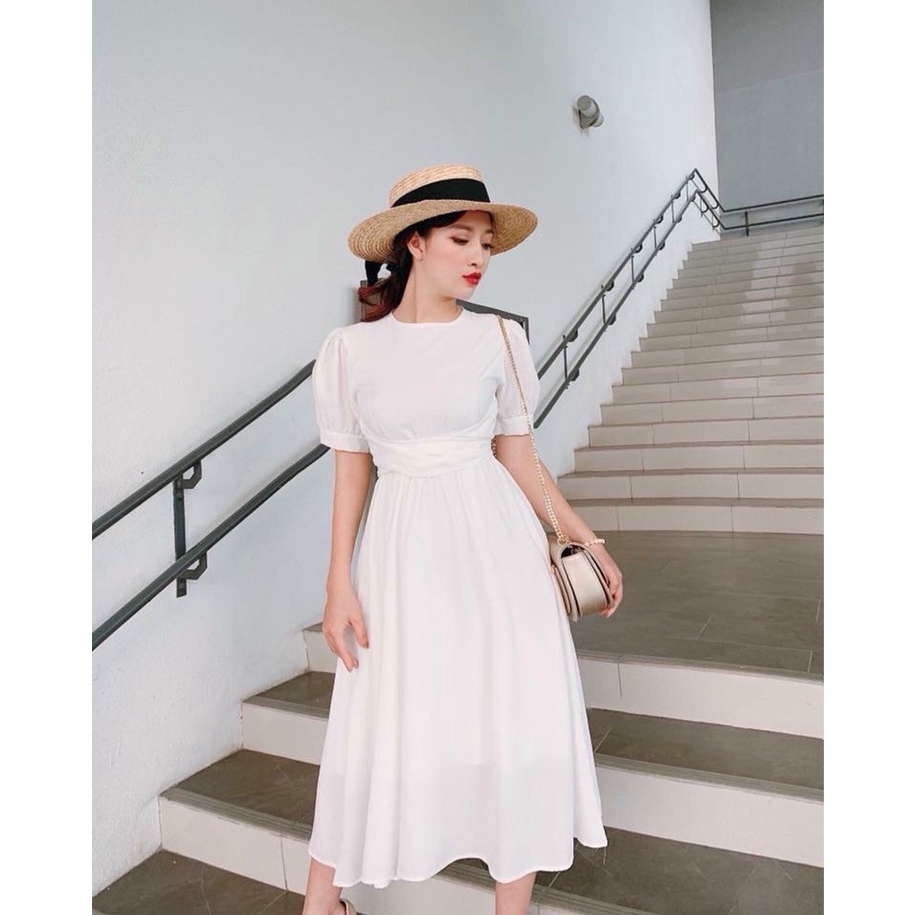 Đầm váy freesize trắng cổ tròn chéo eo