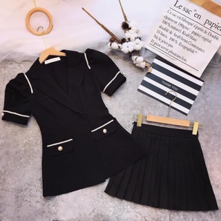 Sét áo vest + chân váy xếp ly