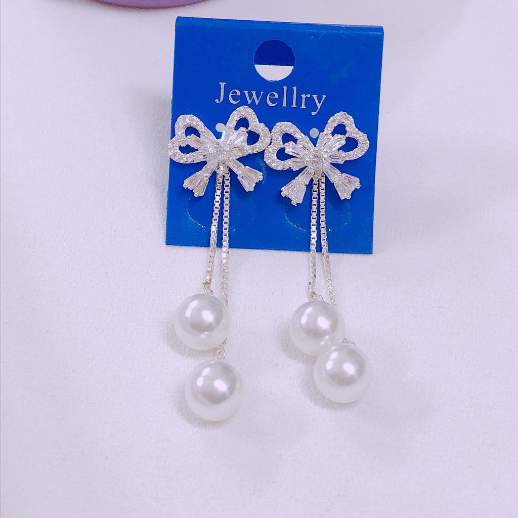 Bông tai bạc ta dáng dài hình nơ treo hạt châu duyên dáng phù hợp đi dự tiệc - Bạc Bibi