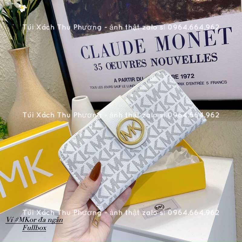 Ví dài cầm tay, ví nữ đựng thẻ nhiều ngăn tiện dụng họa tiết chữ mk cúc bấm logo nổi siêu sang