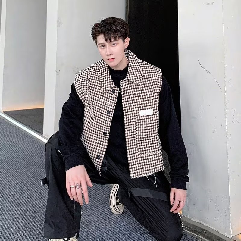 Áo Khoác Sát Nách Kẻ Sọc Caro Trẻ Trung Thời Trang Phong Cách Hàn Quốc Cho Nam