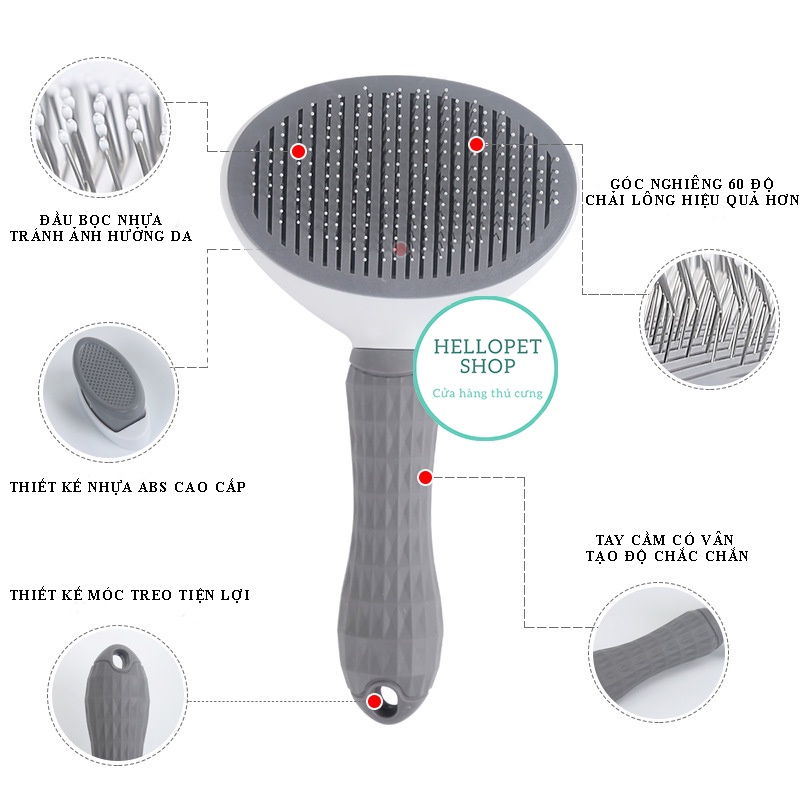 Lược chải lông chó mèo có nút bấm thông minh Hellopet, Lược chải lông hình bầu dục đẩy lông tự động gỡ rối cho mèo H86