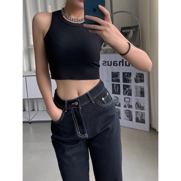 Áo ba lỗ croptop lai cắt thun zip - by whattowear