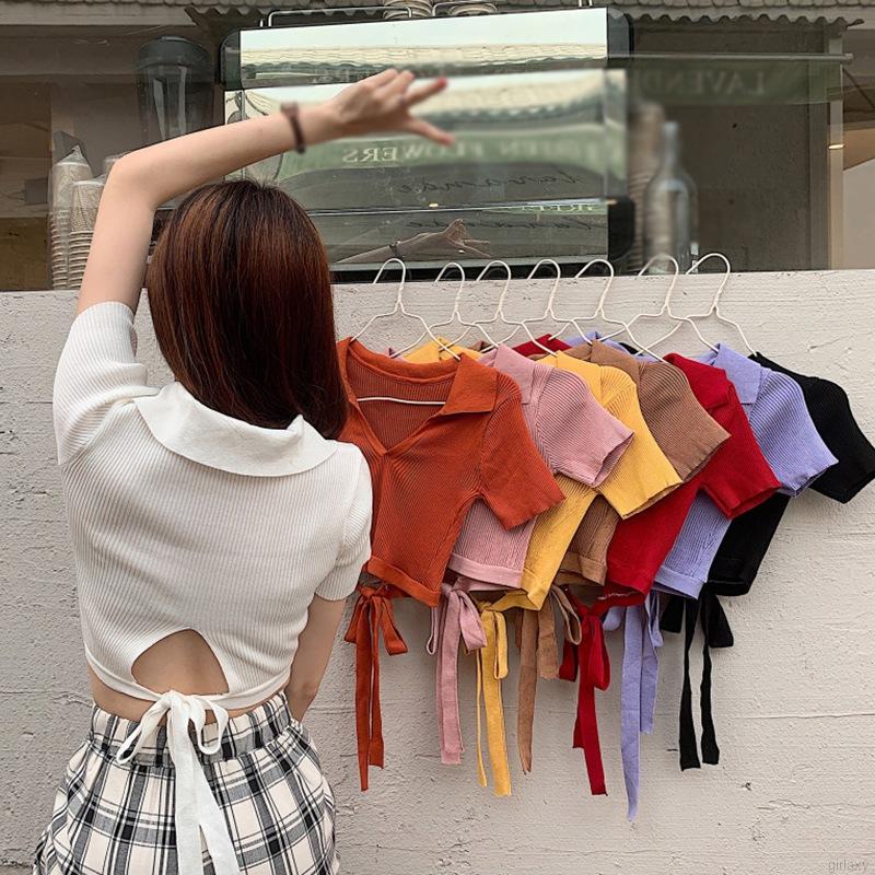 Áo Thun Dệt Kim Tay Ngắn Cổ Chữ V Hở Lưng Màu Trơn Phong Cách Hàn Quốc