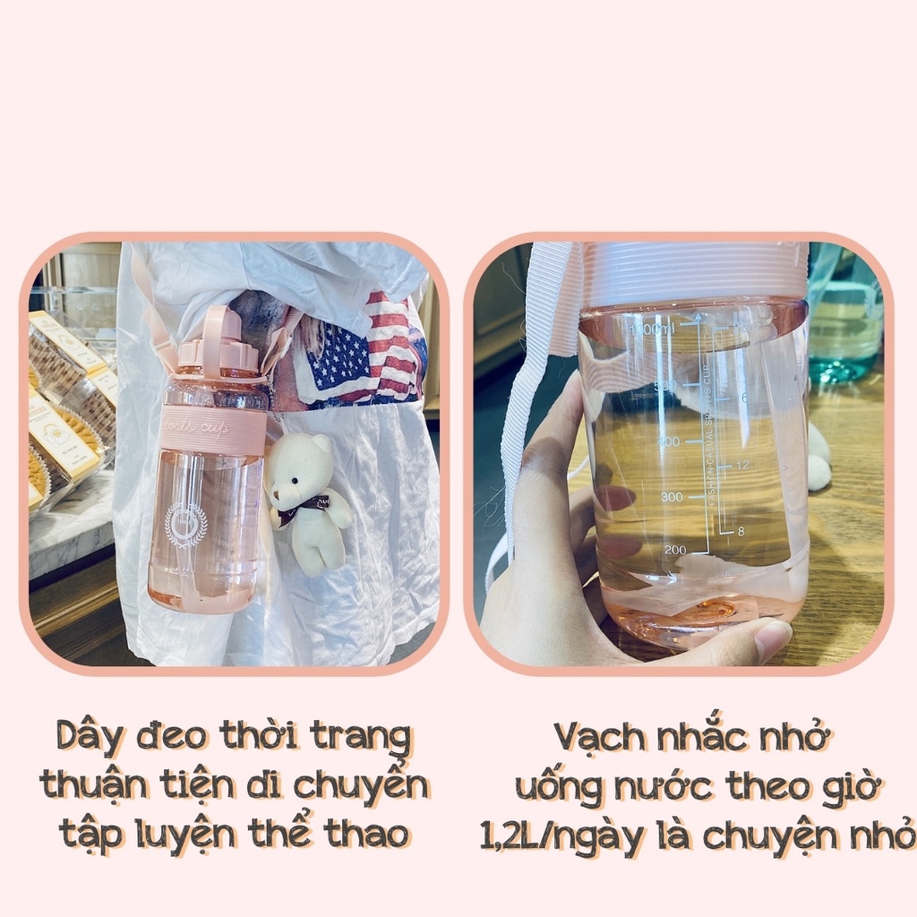 Bình Đựng Nước Thể Thao Cao Cấp Chất Lượng An Toàn Chia Vạch ml, Bình Nước 1l, 600ml Kèm Dây Đeo, Ống Hút Tiện Dụng KH25