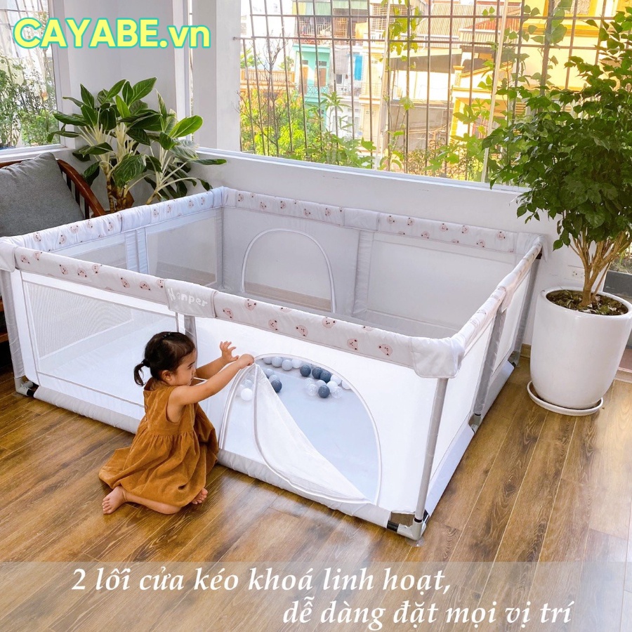 Quây cũi vải cho bé gấp gọn CAYABE gấu nâu Brown đáng yêu, quây bóng cho bé (tặng kèm set 100 bóng nhựa + 2 dây đai)