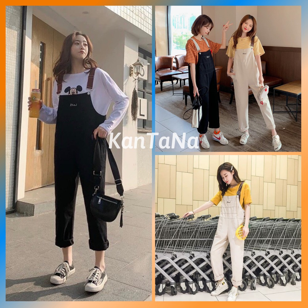 Quần yếm kaki Ulzzang thêu Aha dây phối 2 màu be, đen | BigBuy360 - bigbuy360.vn