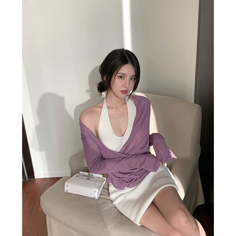Đầm len dệt kim cổ yếm + áo khăn choàng gợi cảm A1040