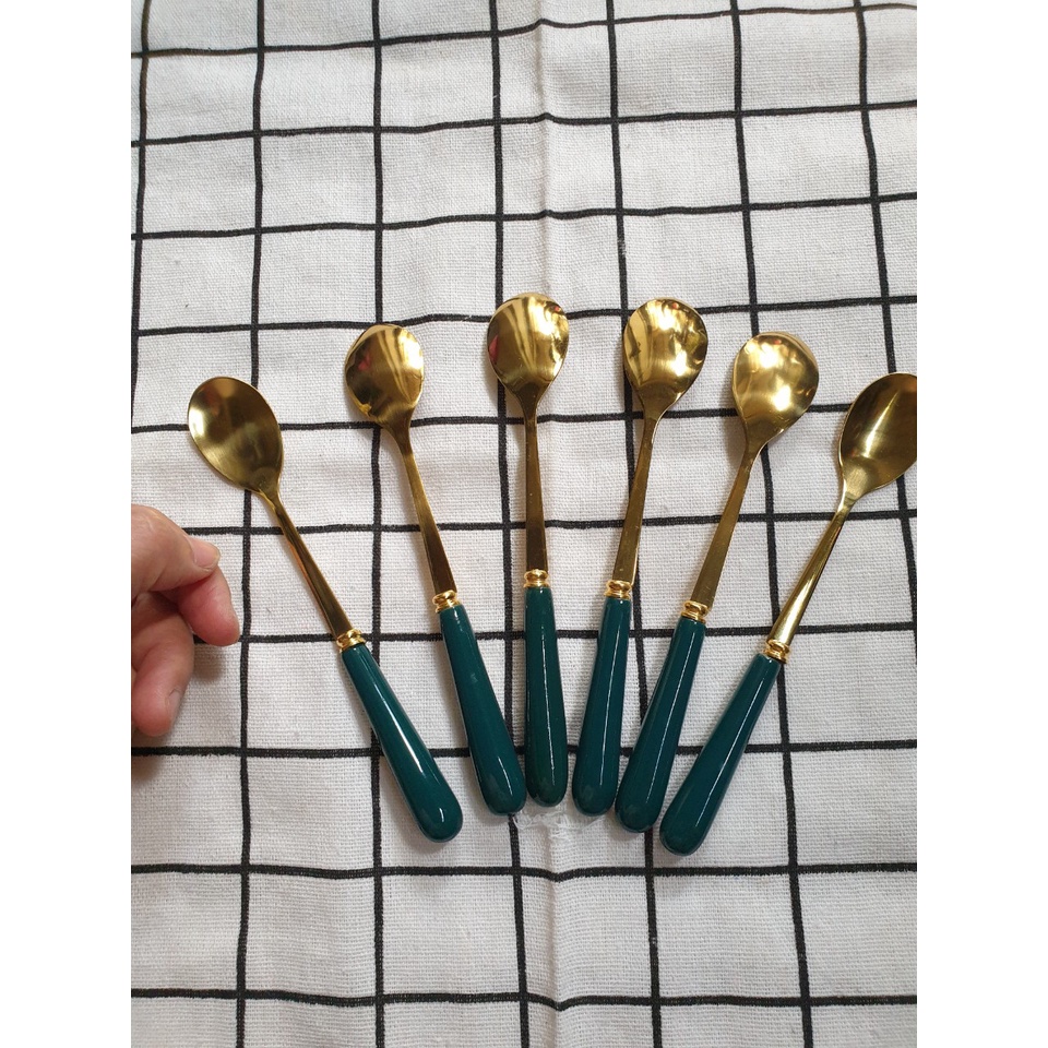Bộ 4c Thìa Cafe Inox Mạ Vàng, Cán Sứ Kiểu Cách Châu Âu KT: 15x2.5cm (ảnh thật)