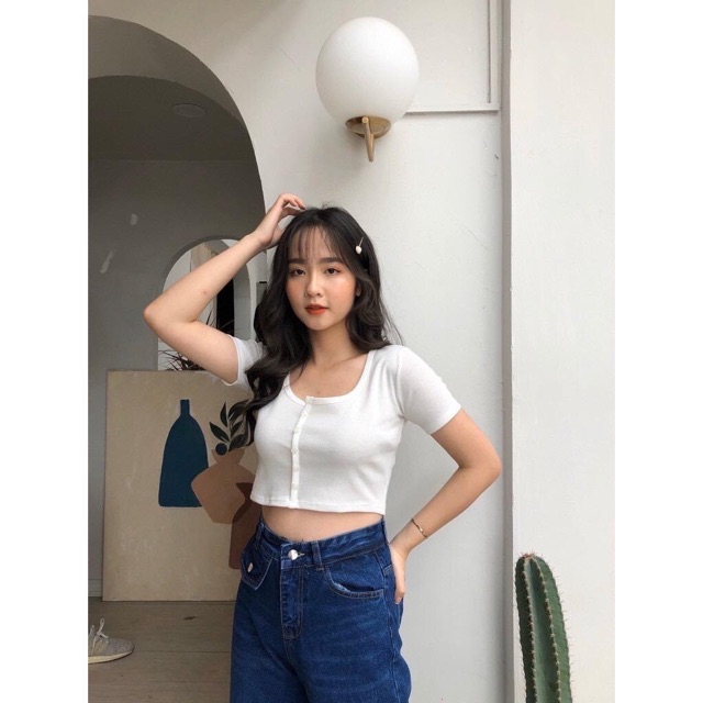 Áo Croptop Tay Ngắn Nút Kèm Ảnh Thật