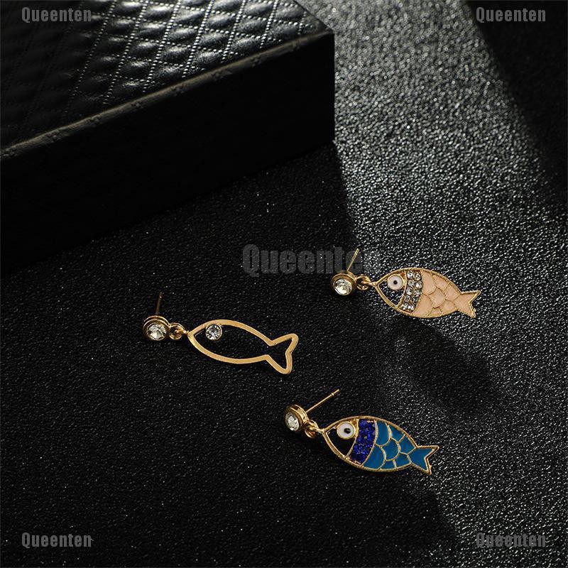 Set 3 bông tai hình con cá đính đá thủy tinh phong cách bohemian cho nữ