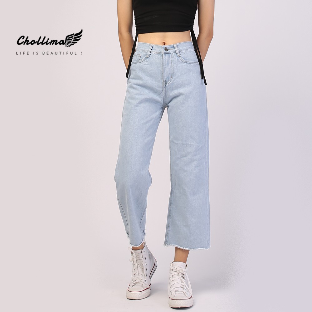Quần jeans baggy nữ Chollima ống rộng trơn tua lai màu trắng bạc QD014 phong cách hàn quốc