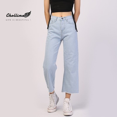 Quần jeans baggy nữ Chollima ống rộng trơn tua lai QD014 phong cách hàn quốc