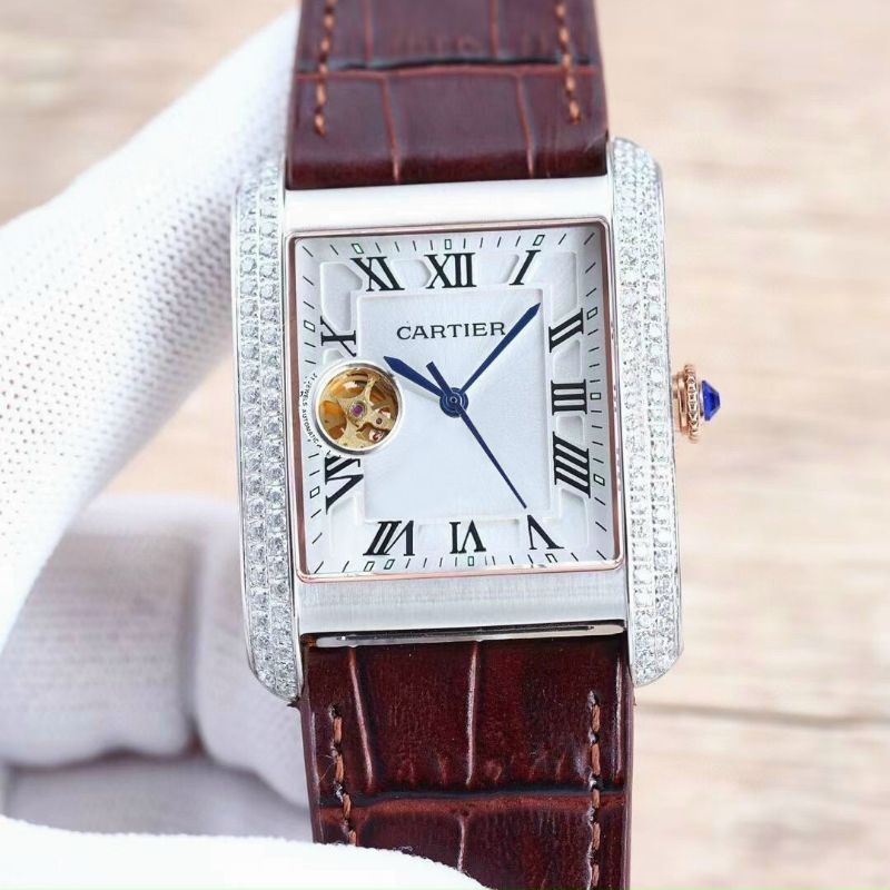 Đồng hồ nam Cartier măt vuông đính đá, dây da cao cấp, khóa cực xịn sò.
