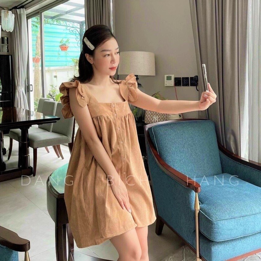 Đầm maxi - váy 2 dây viền bèo Bingshop vải đũi tơ mềm mịn mát form rộng