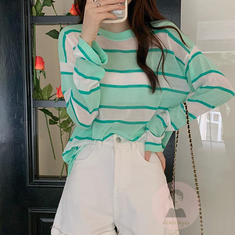 Áo Thun Nữ Dài Tay Cổ Tròn Sọc Ngang Thời Trang