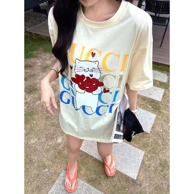 Áo phông nam nữ Gucci GC hàng cao cấp in hình mèo trépg logo thương hiệu siêu đẹp