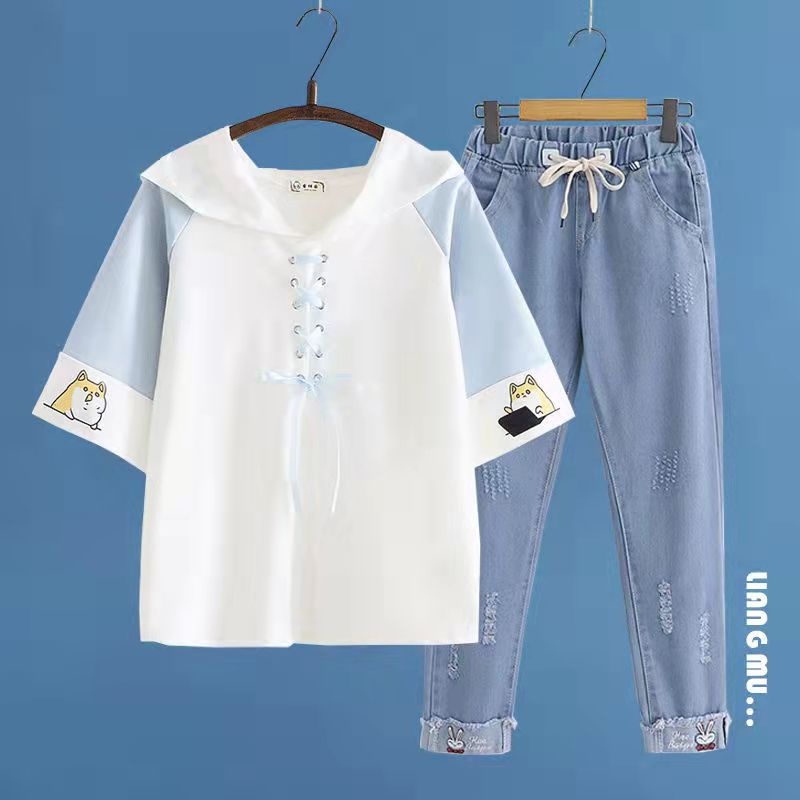 Áo thun cotton tay ngắn dáng rộng màu xanh navy phong cách Nhật Bản thời trang mùa hè cho nữ