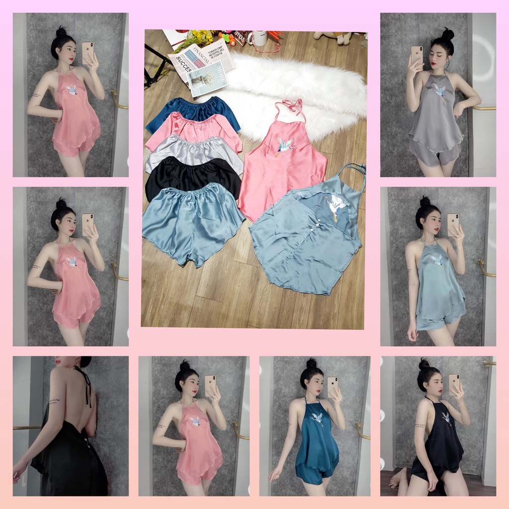 Đồ ngủ sexy, đồ ngủ yếm thêu, bộ ngủ lụa chất satin mềm mịn mát - CN34