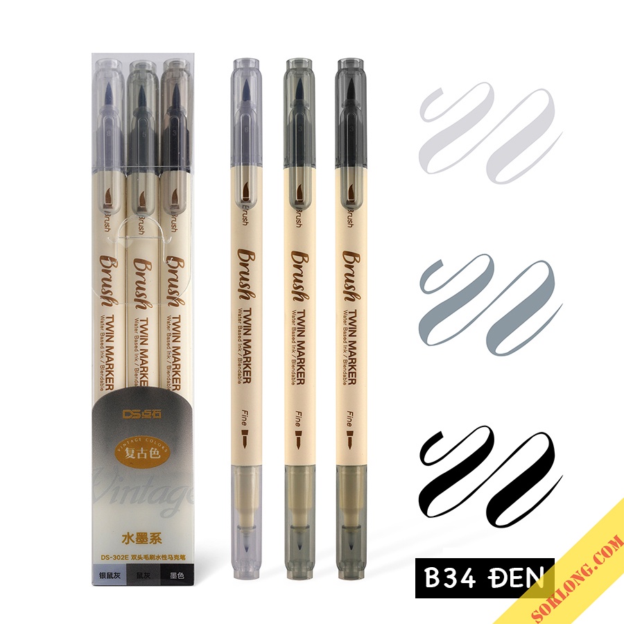 Bộ 3 bút brush 2 đầu Twin Marker B34 ngòi lông + ngòi fine viết bullet journal, ghi chép