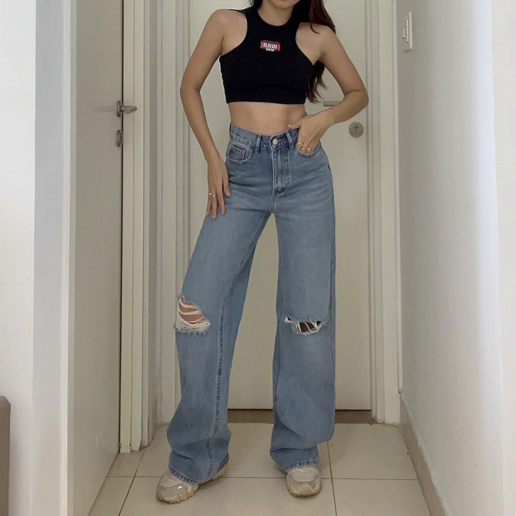 TATICHU - Quần jean suông, ống rộng, rách gối - Knee Rip Blue Jeans