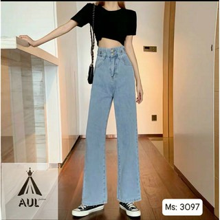 Quần jean suông nữ cạp cao 2 nút lưng kiểu