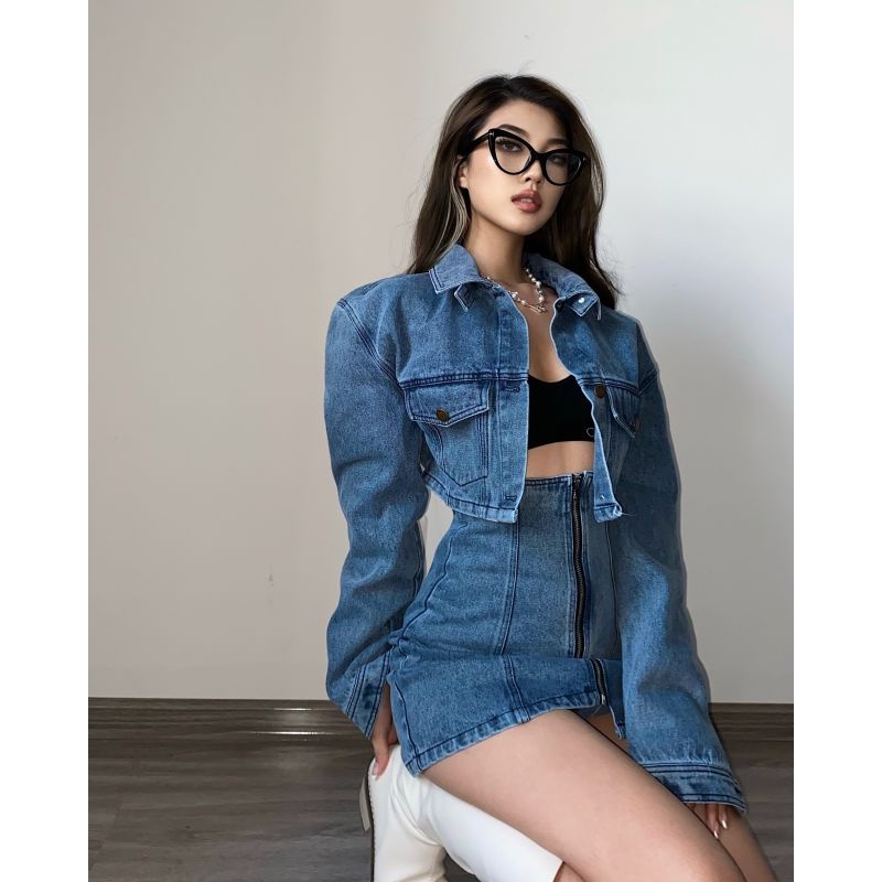 Set áo khoác jean kèm chân váy lưng cao có khóa kéo 12 ngày