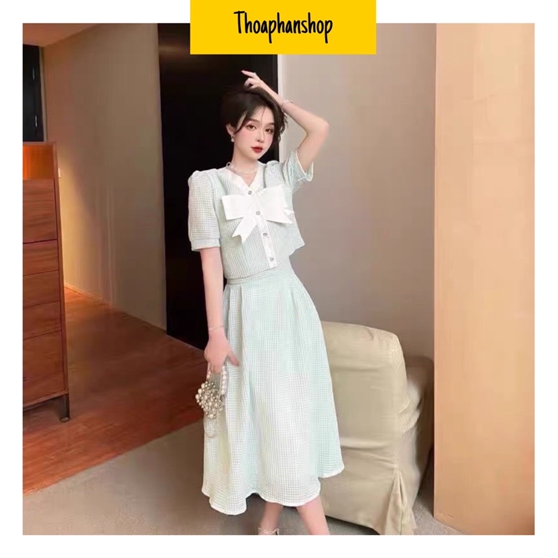 SET ÁO CROPTOP SỌC XANH MINT + CHÂN VÁY MIDI [kèm ảnh thật ]