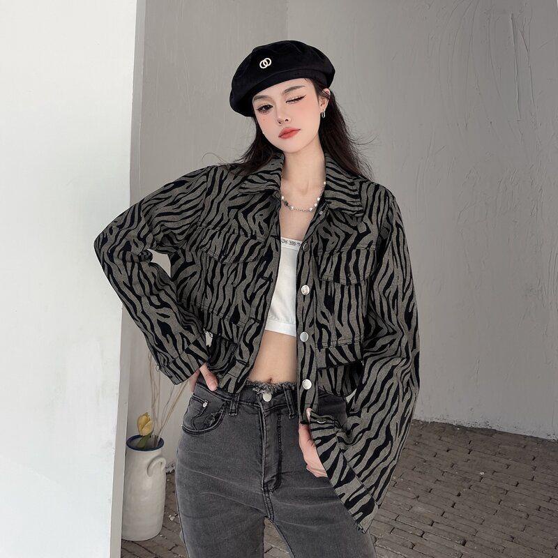 Áo Khoác Denim Dáng Ngắn In Họa Tiết Ngựa Vằn Phong Cách Đường Phố Mỹ Cổ Điển Dễ Phối Đồ Cho Nữ