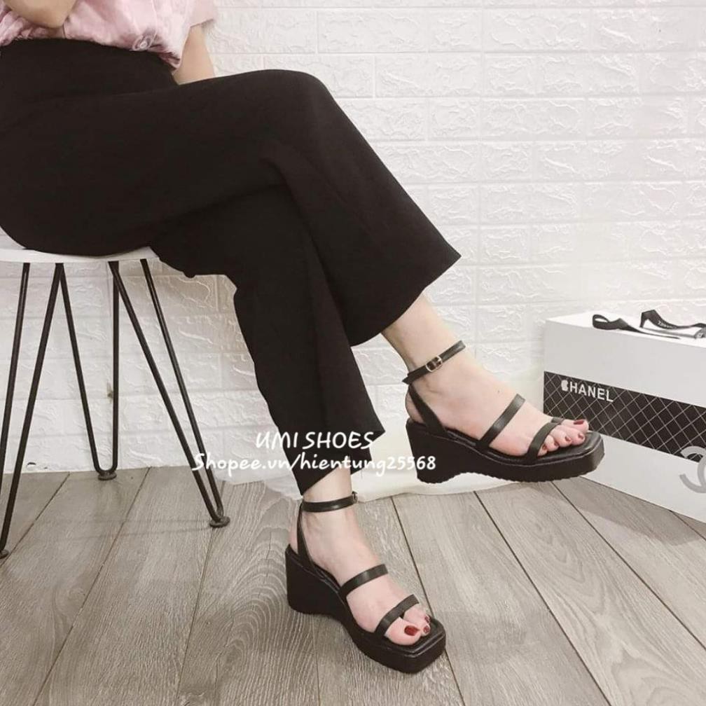 [NEW] Sandal nữ quai mảnh đế xuồng cao 5cm lượn sóng xỏ ngón cách điệu mũi vuông màu đen/trắng chất đẹp dễ phối đồ kẹp