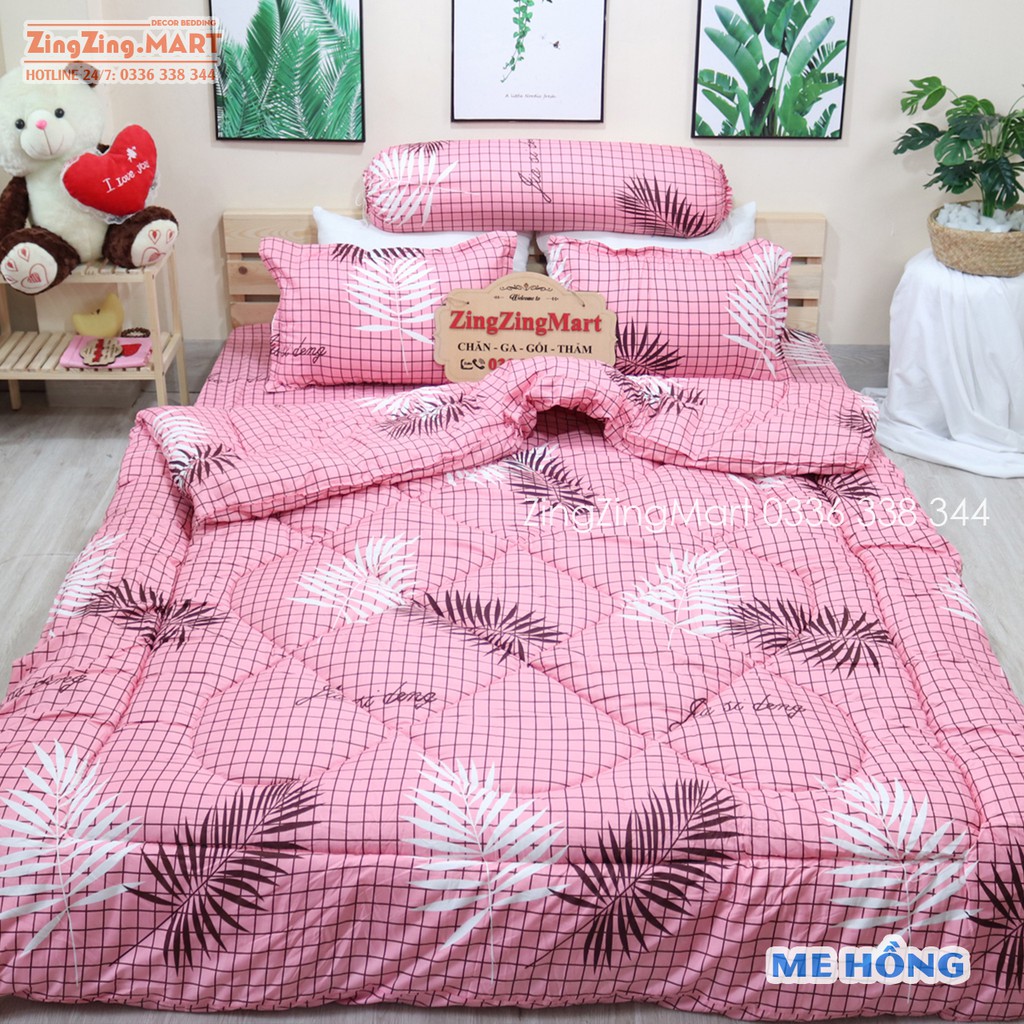 (GIẢM GIÁ) Sét 5 Món Chăn Phao Ga Gối có vỏ gối ôm Mẫu LÁ ME (Được chọn mẫu)
