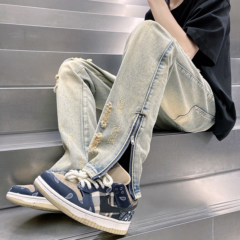 Quần Jean Xanh Bạc Rách Gối Kèm Khóa Zipper Siêu Đẹp