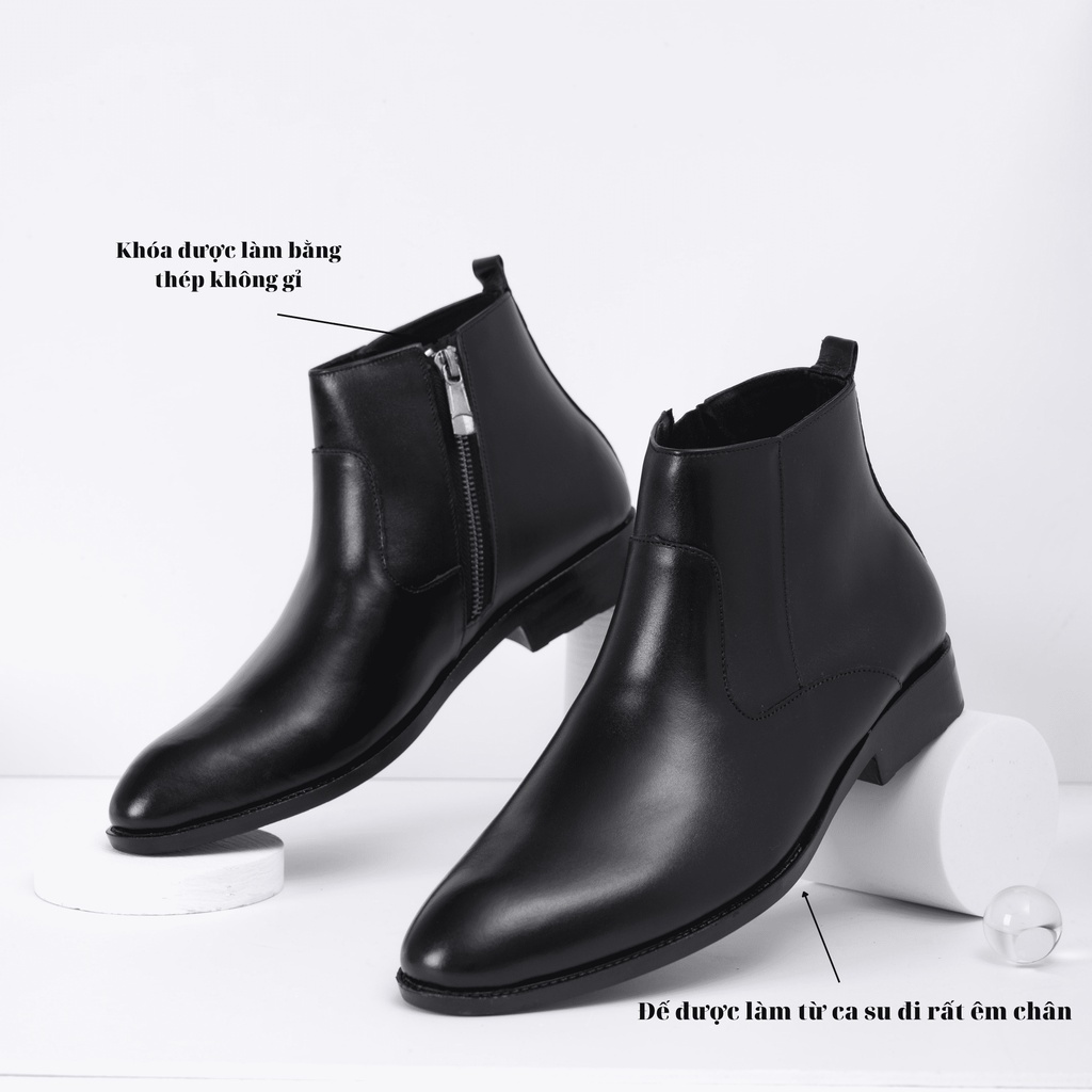 Chelsea boot PHANANH.4MAN'S nam Đen cao cổ khóa kéo làm từ da bò nguyên tấm đế caosu