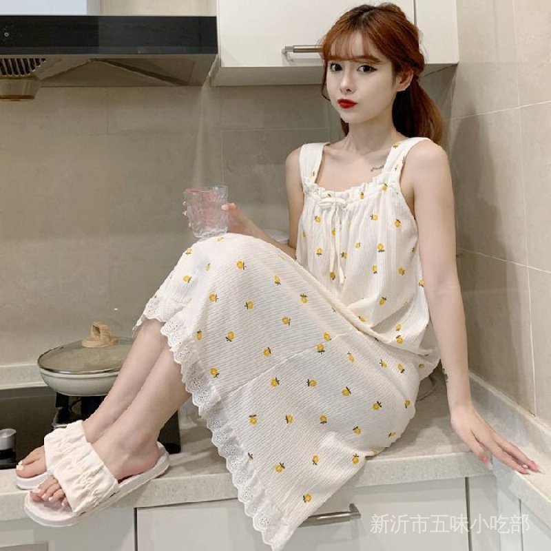Đầm Ngủ Hai Dây Màu Trơn Phối Ren Phong Cách Hàn Quốc Dễ Thương Thời Trang Mùa Hè Cho Nữ