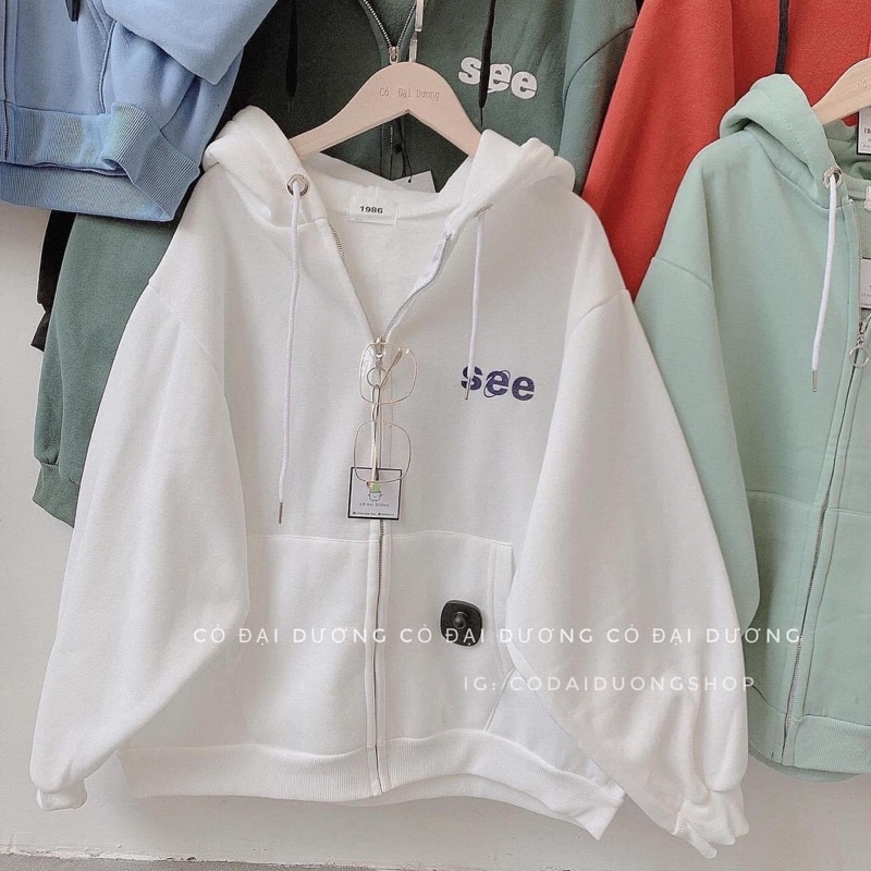 Áo khoác Hoodie nỉ bông logo basic See /Áo hodie kéo khoá zip chất nỉ cotton dày form rộng tay bồng unisex freesize