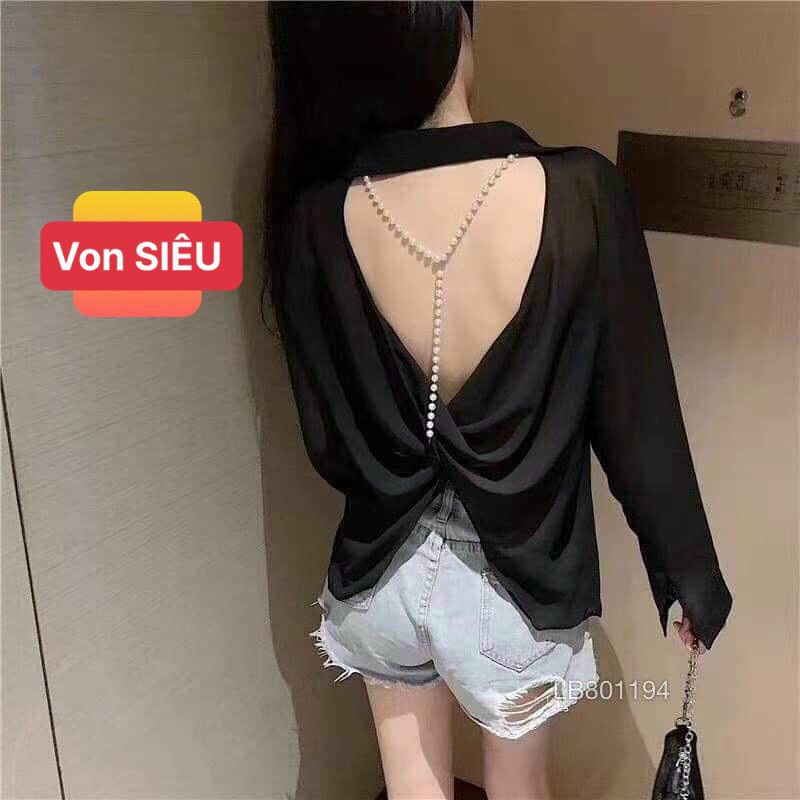 Áo sơ mi form rộng hở lưng xoắn phối hạt ngọc cực xinh , chất voan mềm mịn