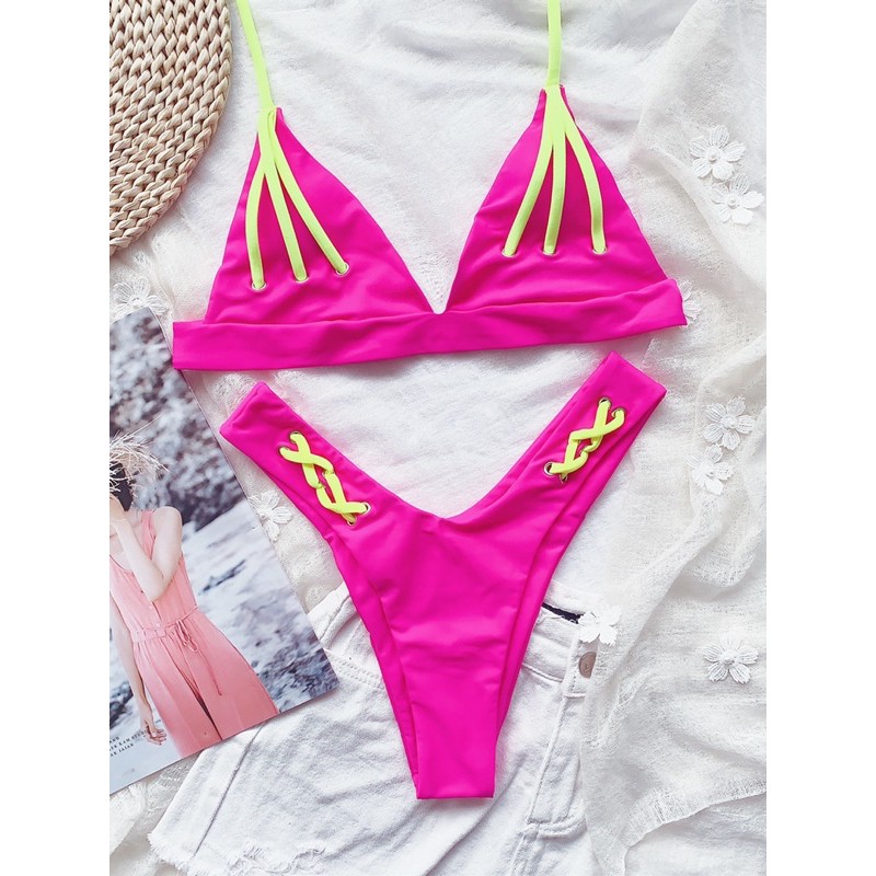 [BKN838] &lt;ÂU&gt; SET BIKINI HỒNG MIX XANH NEON QUẦN THONG/LỌT KHE